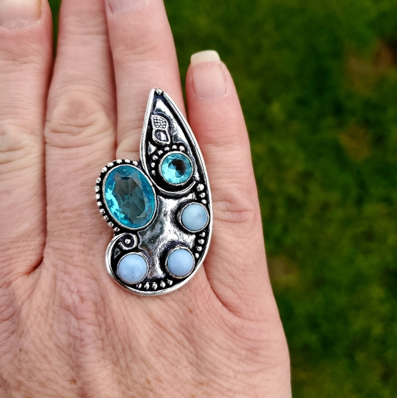 New Blue Topaz & Owyhee Opal Silver Statement Ring. - Picture 2 of 7